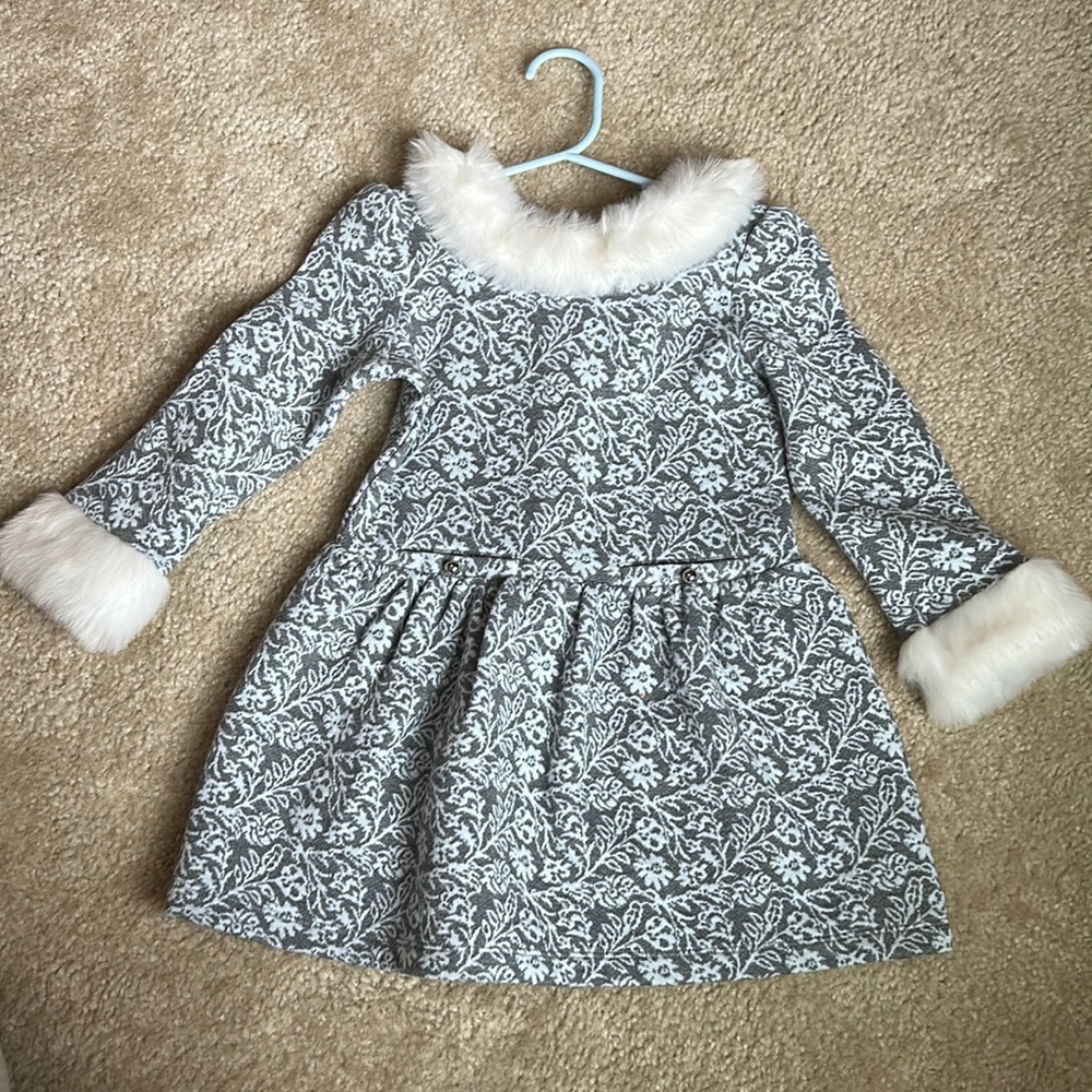 Janie and Jack jacquard winter dress with faux fur trim